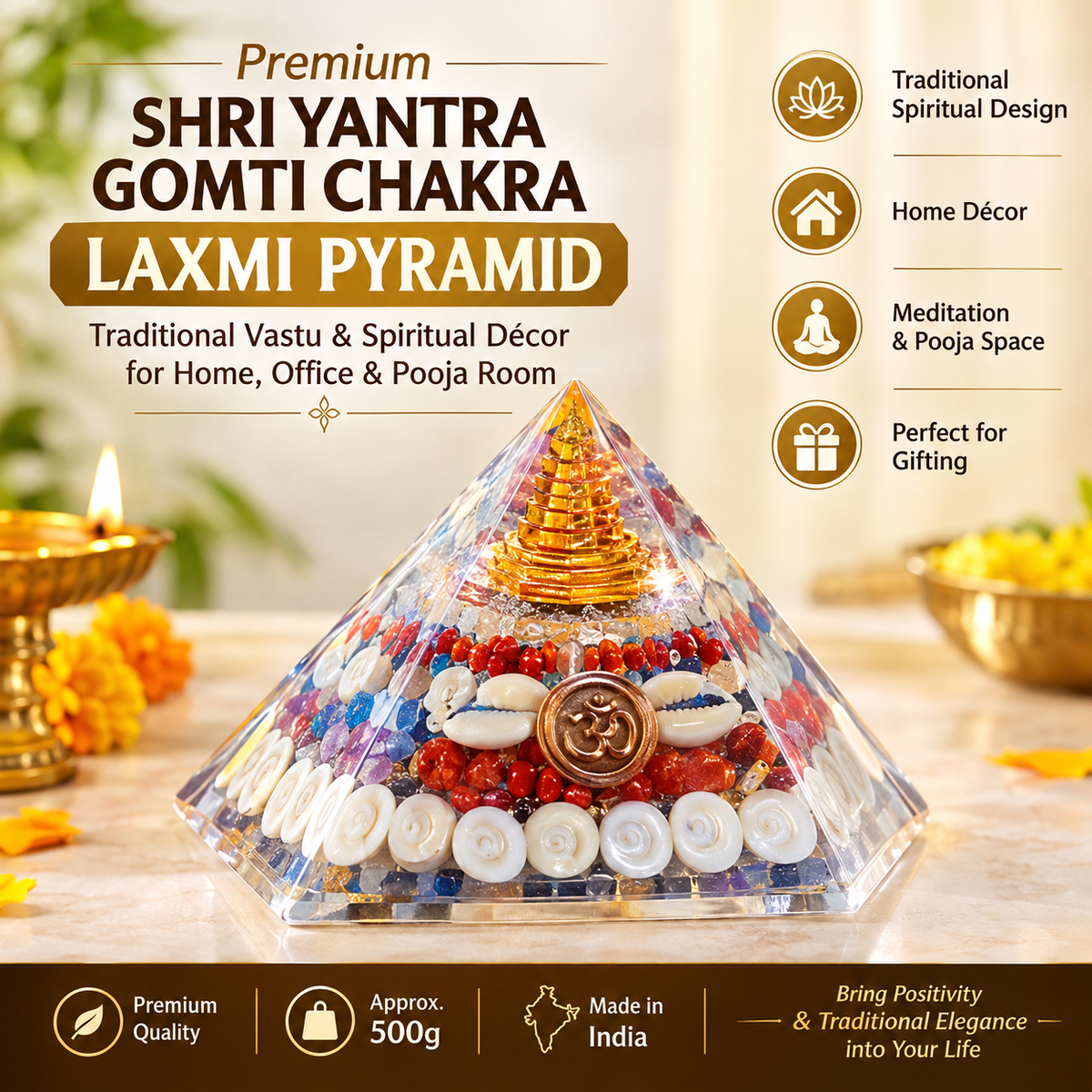 Premium 3D Crystal Pyramid Vastu Showpiece for Home & Office | Spiritual Decor & Gift